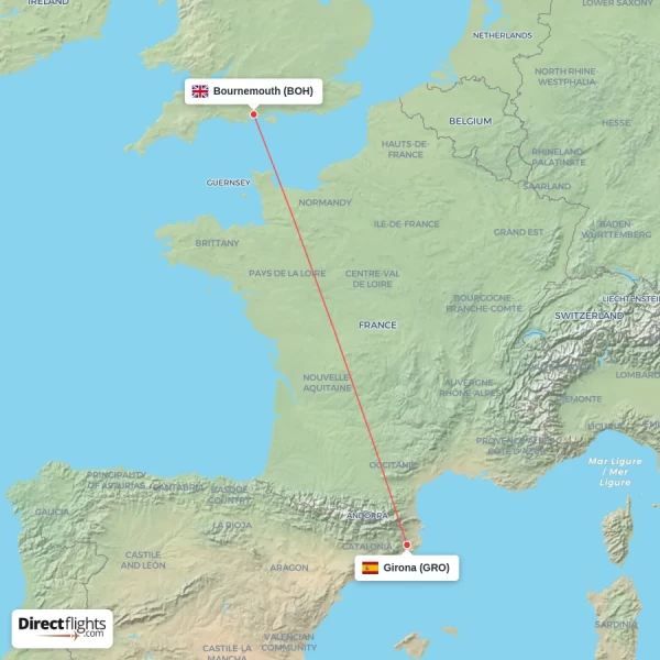 Girona - Bournemouth direct flight map