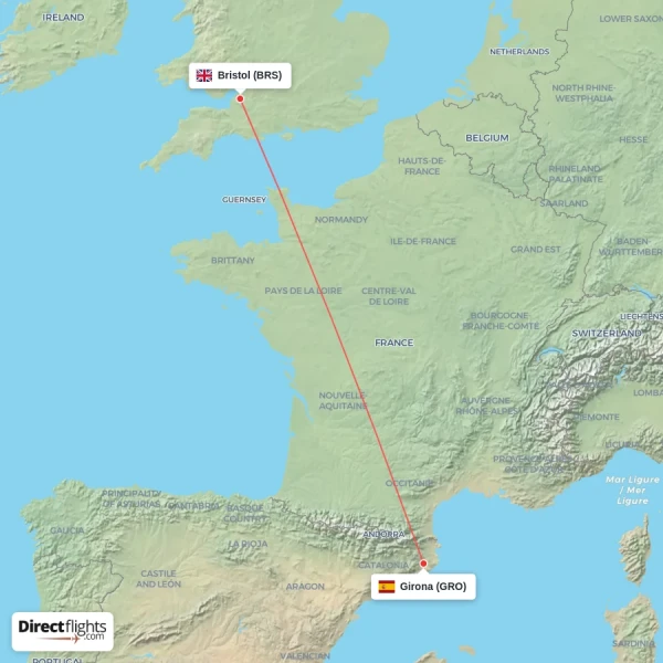 Girona - Bristol direct flight map