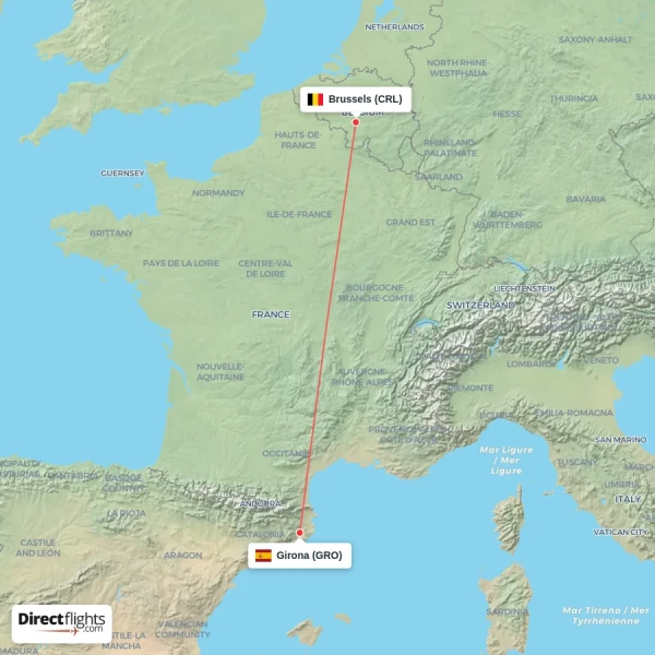 Girona - Brussels direct flight map