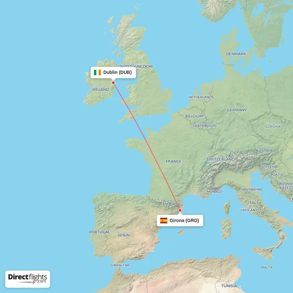 Girona - Dublin direct flight map