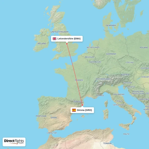 Girona - Leicestershire direct flight map