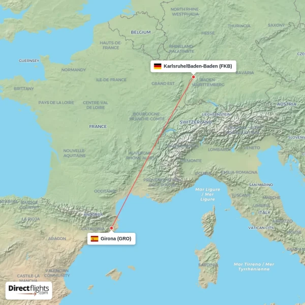 Girona - Karlsruhe/Baden-Baden direct flight map