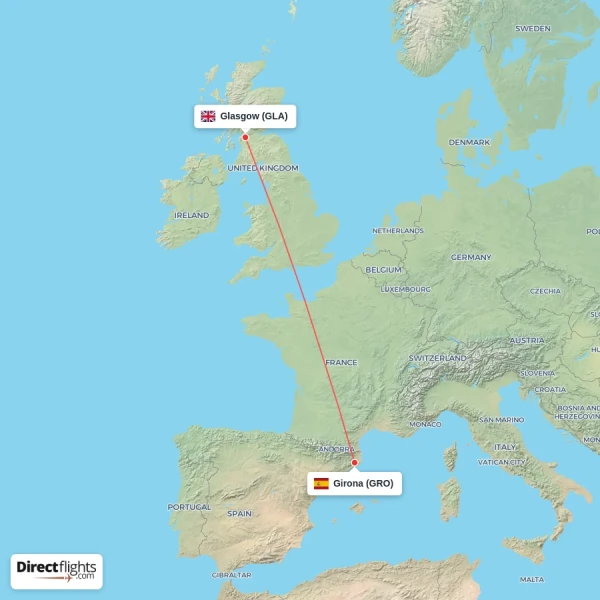 Girona - Glasgow direct flight map