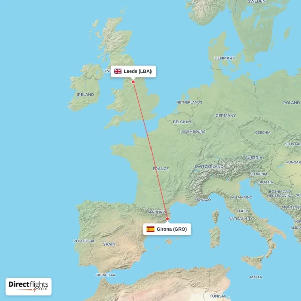 Girona - Leeds direct flight map
