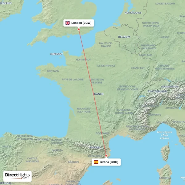 Girona - London direct flight map