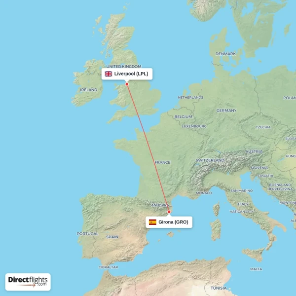 Girona - Liverpool direct flight map