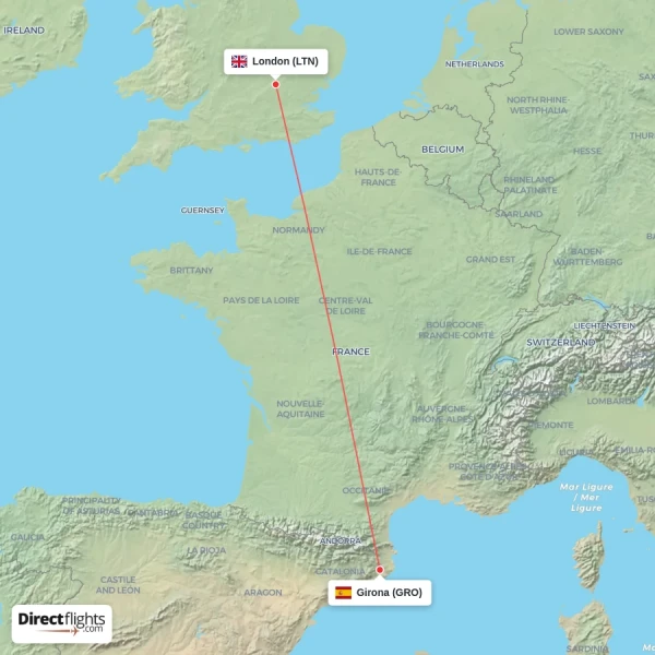 Girona - London direct flight map