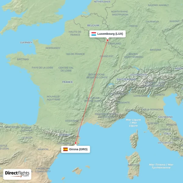 Girona - Luxembourg direct flight map