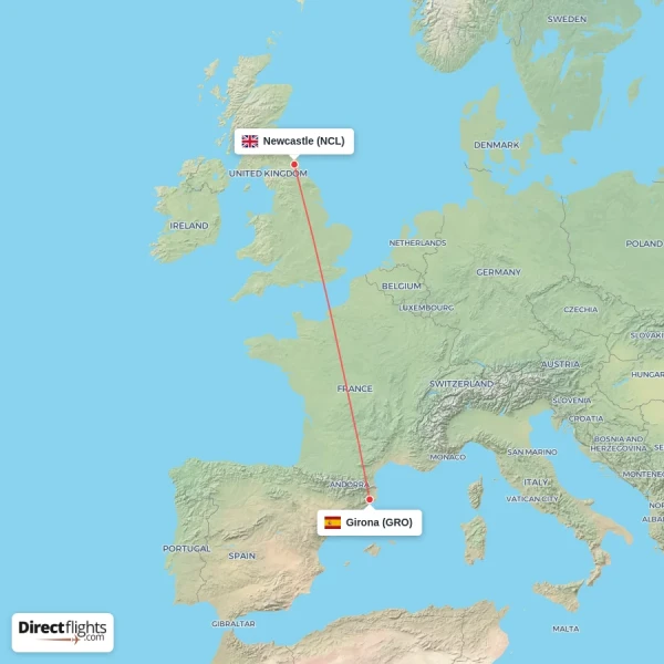 Girona - Newcastle direct flight map