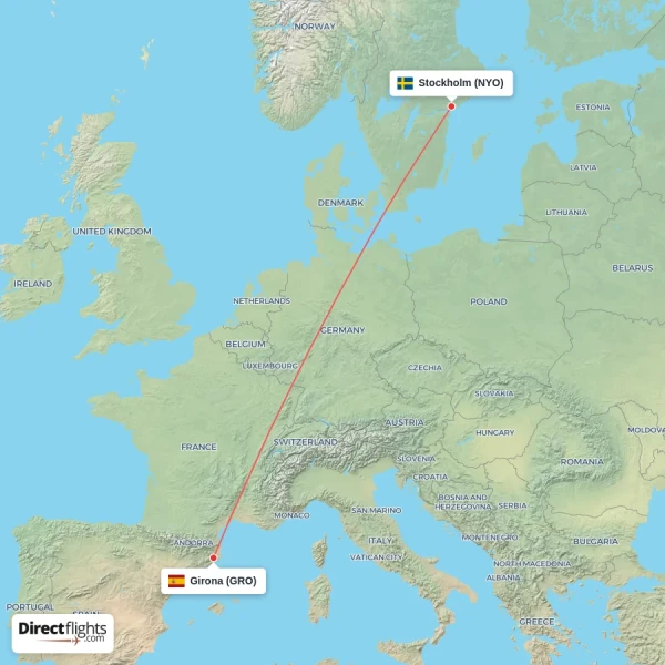 Girona - Stockholm direct flight map