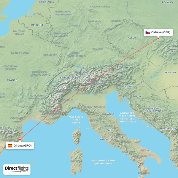 Girona - Ostrava direct flight map