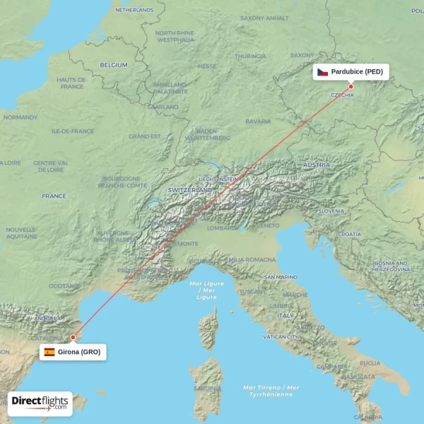 Girona - Pardubice direct flight map