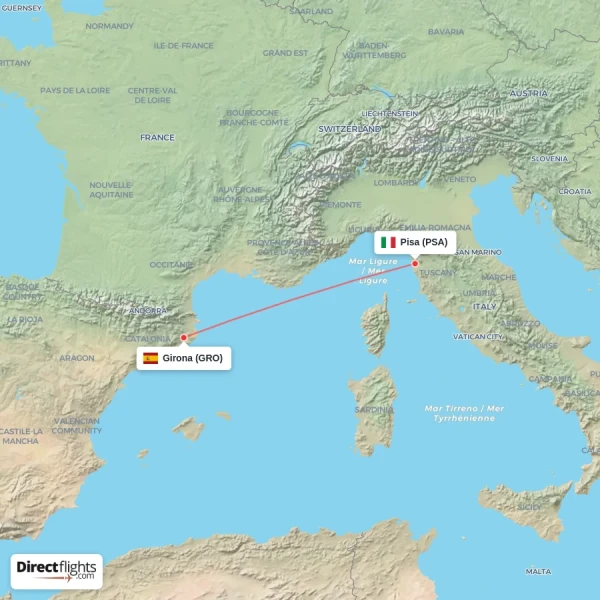 Girona - Pisa direct flight map