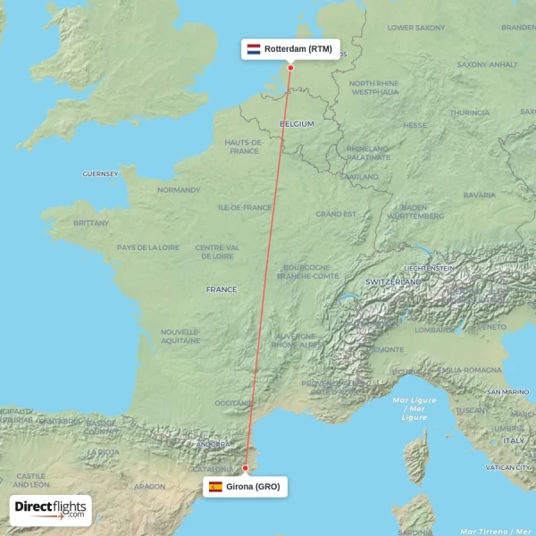 Girona - Rotterdam direct flight map