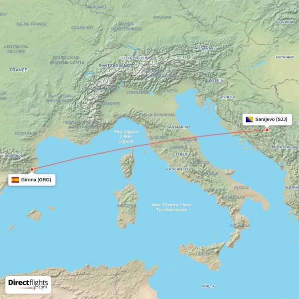 Girona - Sarajevo direct flight map