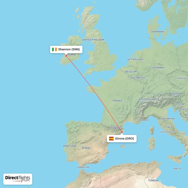 Girona - Shannon direct flight map