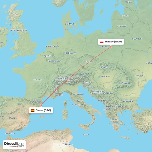 Girona - Warsaw direct flight map