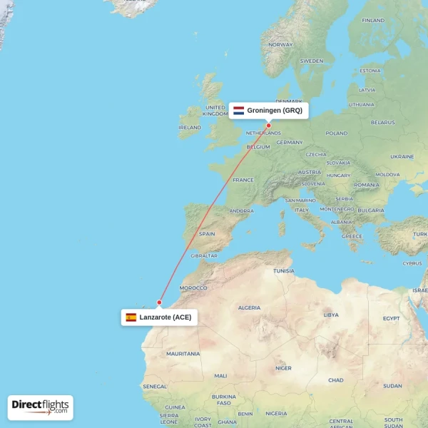 Groningen - Lanzarote direct flight map