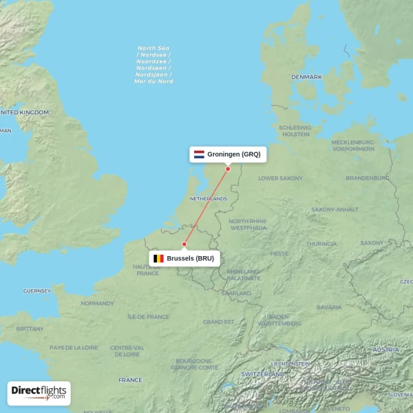 Groningen - Brussels direct flight map