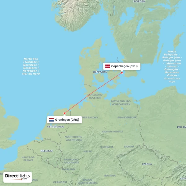 Groningen - Copenhagen direct flight map