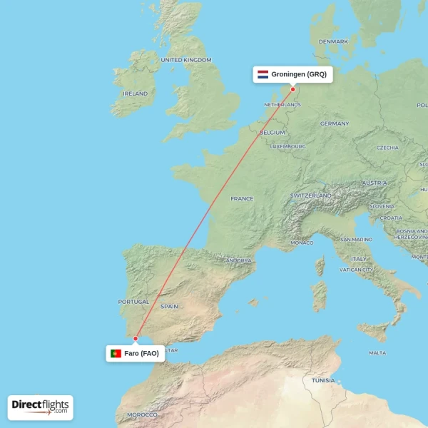 Groningen - Faro direct flight map