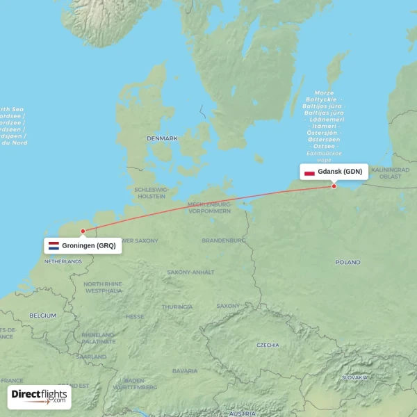 Groningen - Gdansk direct flight map
