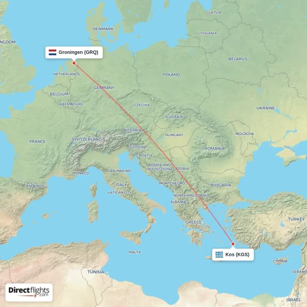 Groningen - Kos direct flight map
