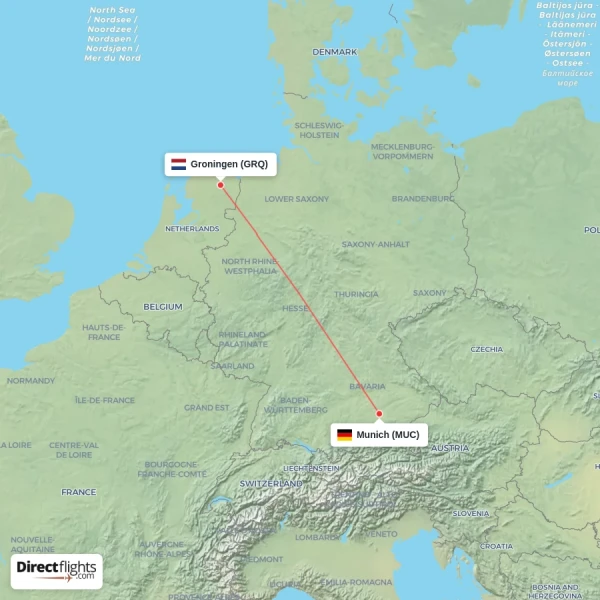 Groningen - Munich direct flight map