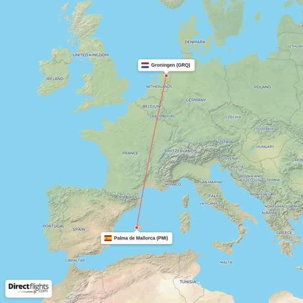 Groningen - Palma de Mallorca direct flight map