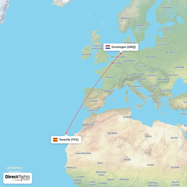 Groningen - Tenerife direct flight map
