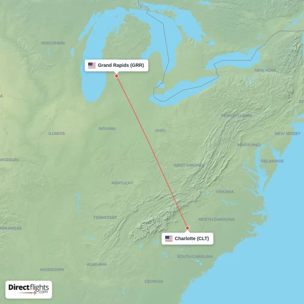 Grand Rapids - Charlotte direct flight map