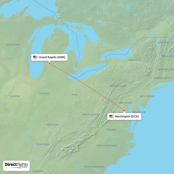 Grand Rapids - Washington direct flight map