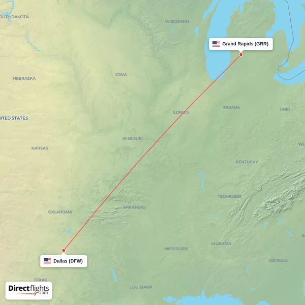 Grand Rapids - Dallas direct flight map