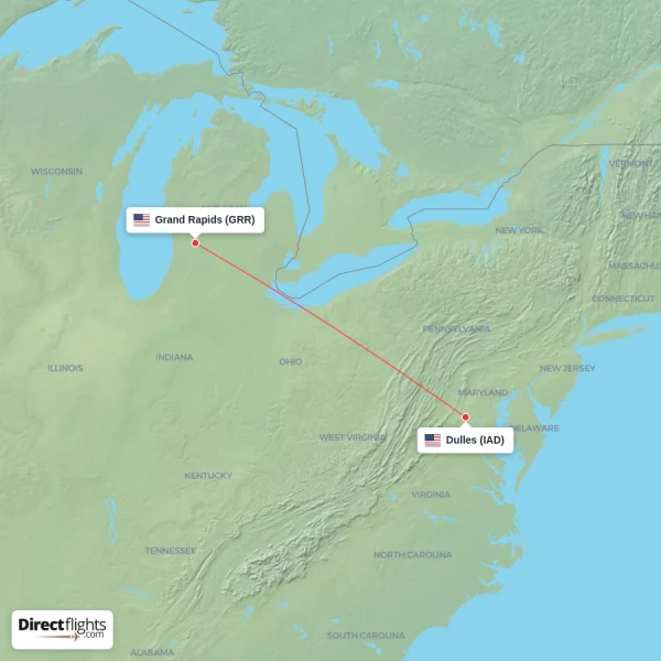 Grand Rapids - Dulles direct flight map