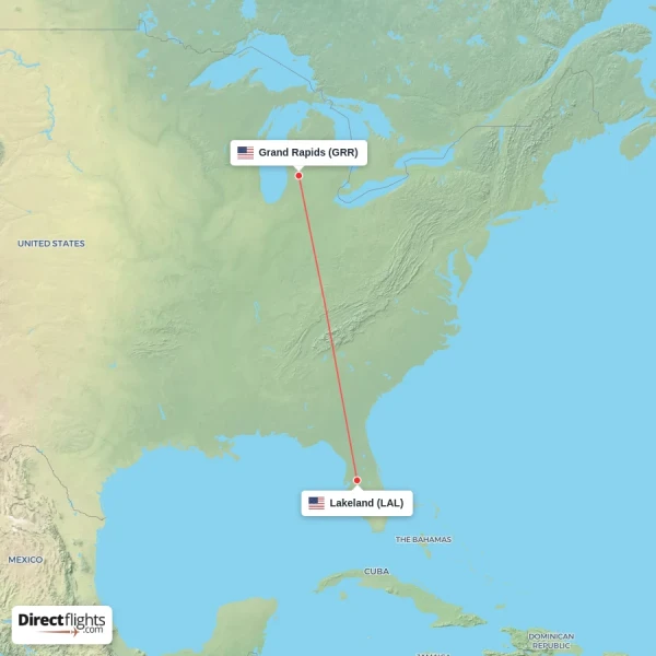 Grand Rapids - Lakeland direct flight map