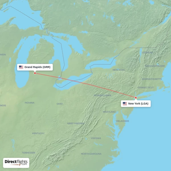 Grand Rapids - New York direct flight map