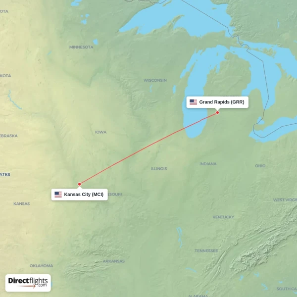 Grand Rapids - Kansas City direct flight map