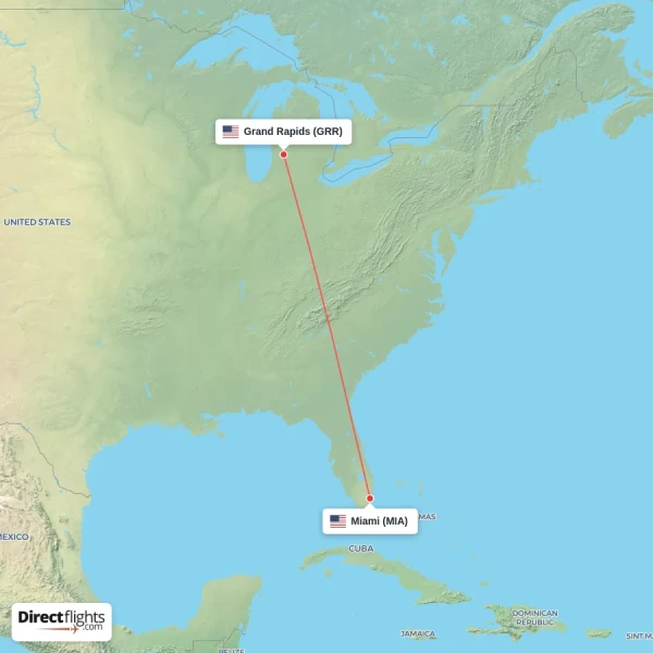 Grand Rapids - Miami direct flight map