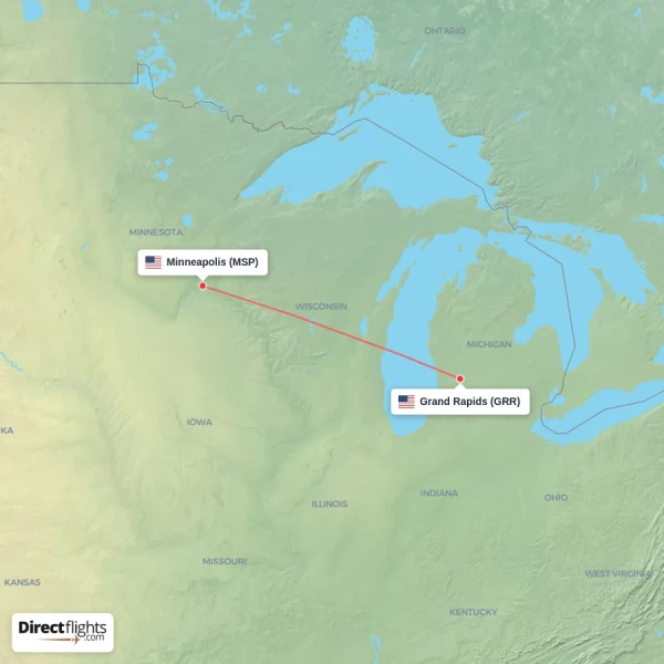 Grand Rapids - Minneapolis direct flight map