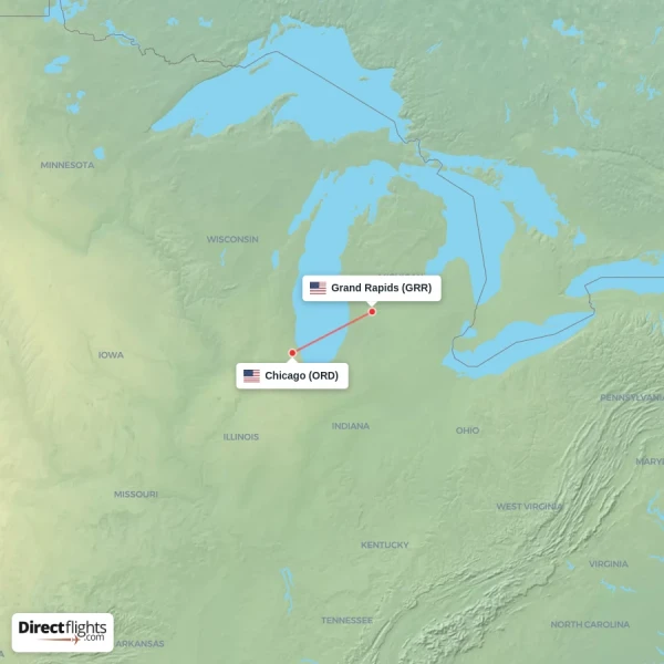 Grand Rapids - Chicago direct flight map