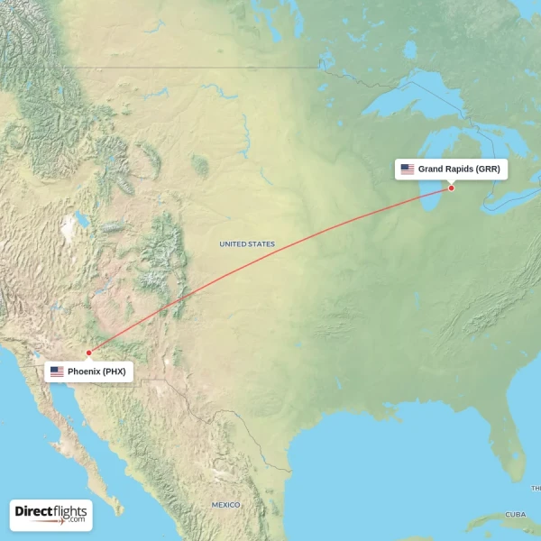 Grand Rapids - Phoenix direct flight map