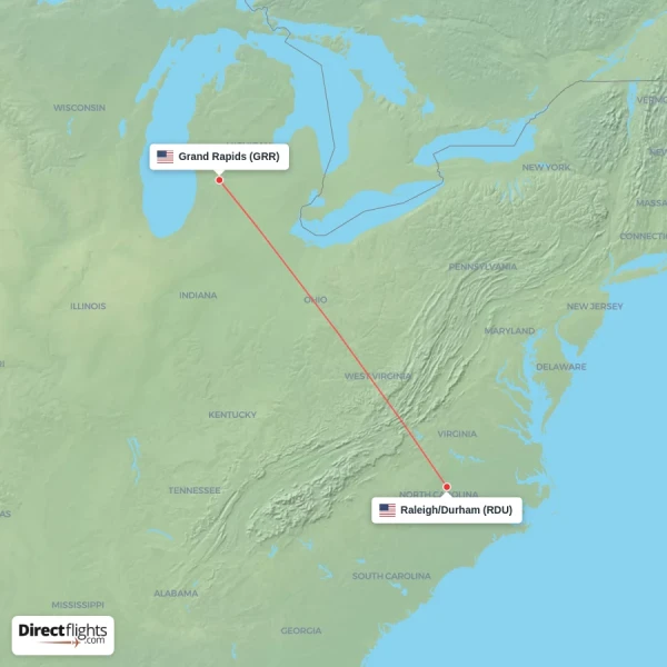 Grand Rapids - Raleigh/Durham direct flight map