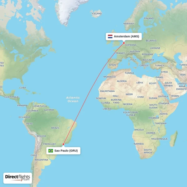 Sao Paulo - Amsterdam direct flight map