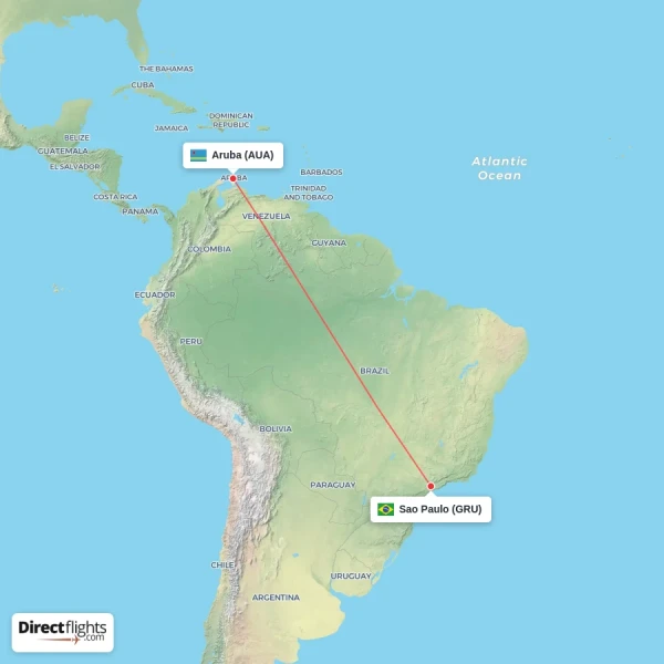Sao Paulo - Aruba direct flight map