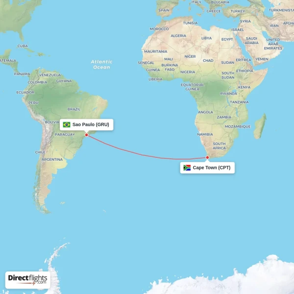 Sao Paulo - Cape Town direct flight map