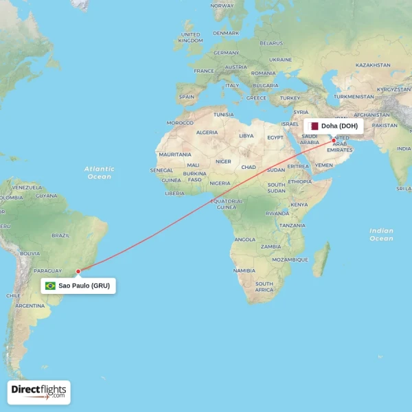 Sao Paulo - Doha direct flight map