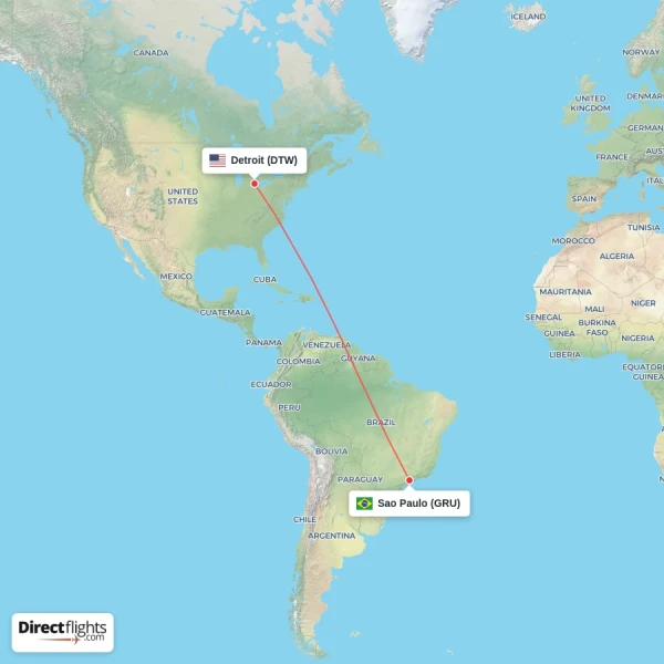 Sao Paulo - Detroit direct flight map