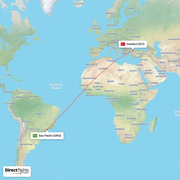 Sao Paulo - Istanbul direct flight map