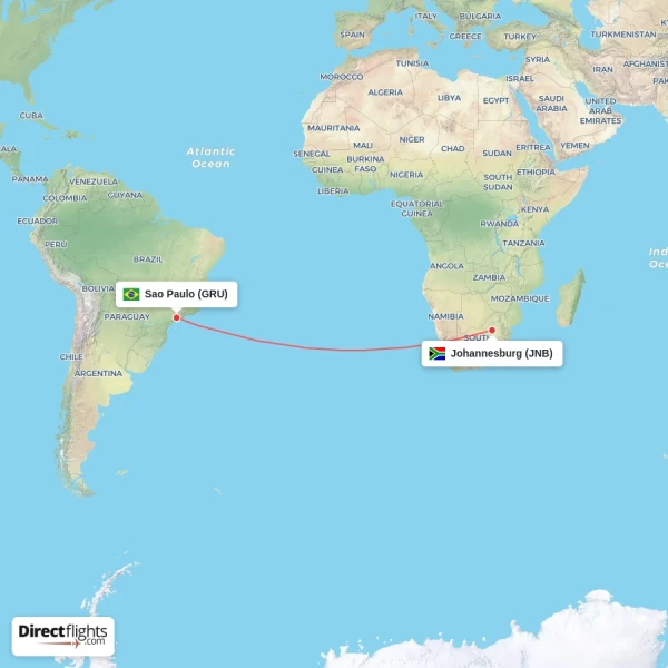 Sao Paulo - Johannesburg direct flight map
