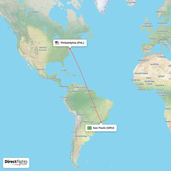 Sao Paulo - Philadelphia direct flight map